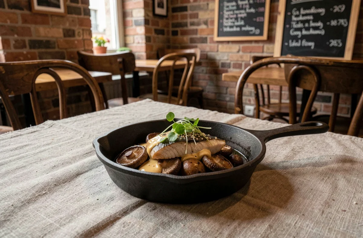 Plat de cuisine japonaise contemporaine dans une cocotte en fonte au restaurant Abri dans le 10e arrondissement de Paris, fond en briques apparentes et carte à la craie