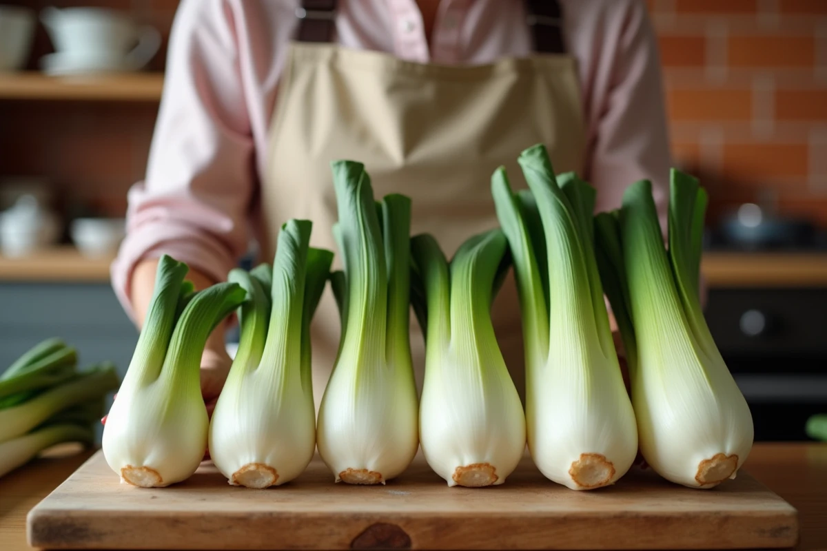 Femme comparant des endives de différentes tailles sur une planche en bois dans une cuisine familiale