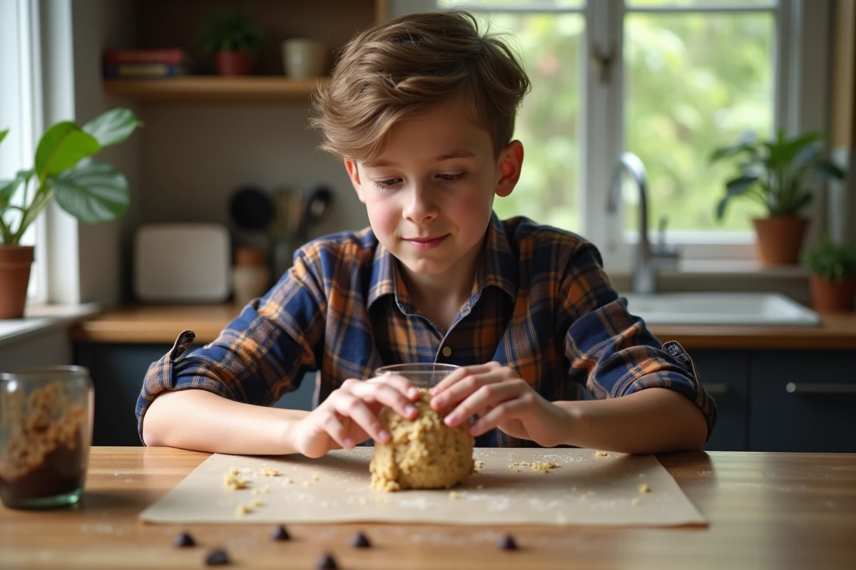 Adolescent pressant de la pâte à biscuits sur une plaque de cuisson