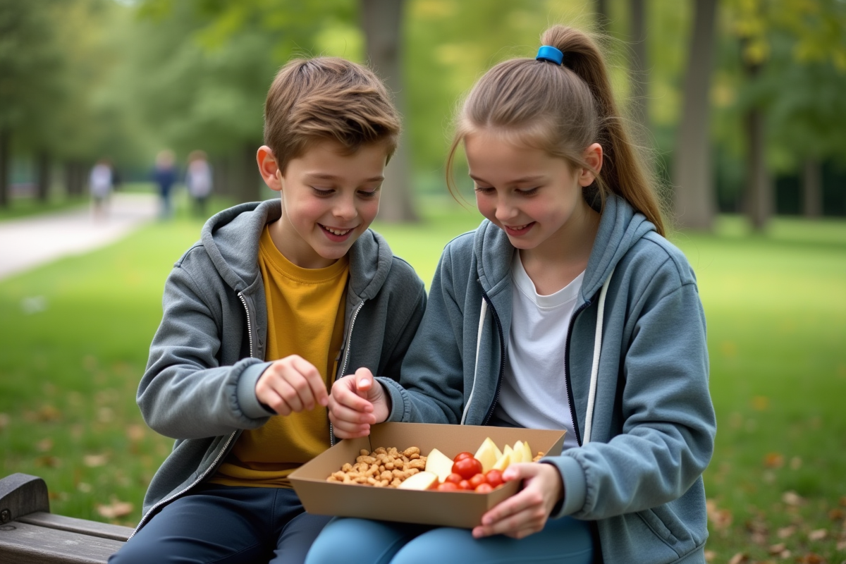 Adolescents partageant une collation dans un parc vert