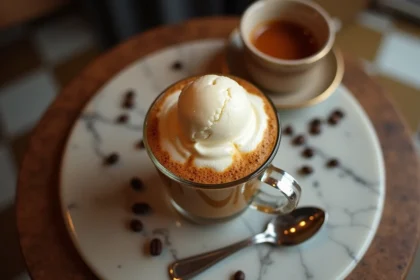 Affogato façon cocktail vu de dessus avec glace vanille fondante, Kahlúa et expresso dans une tasse en verre sur marbre