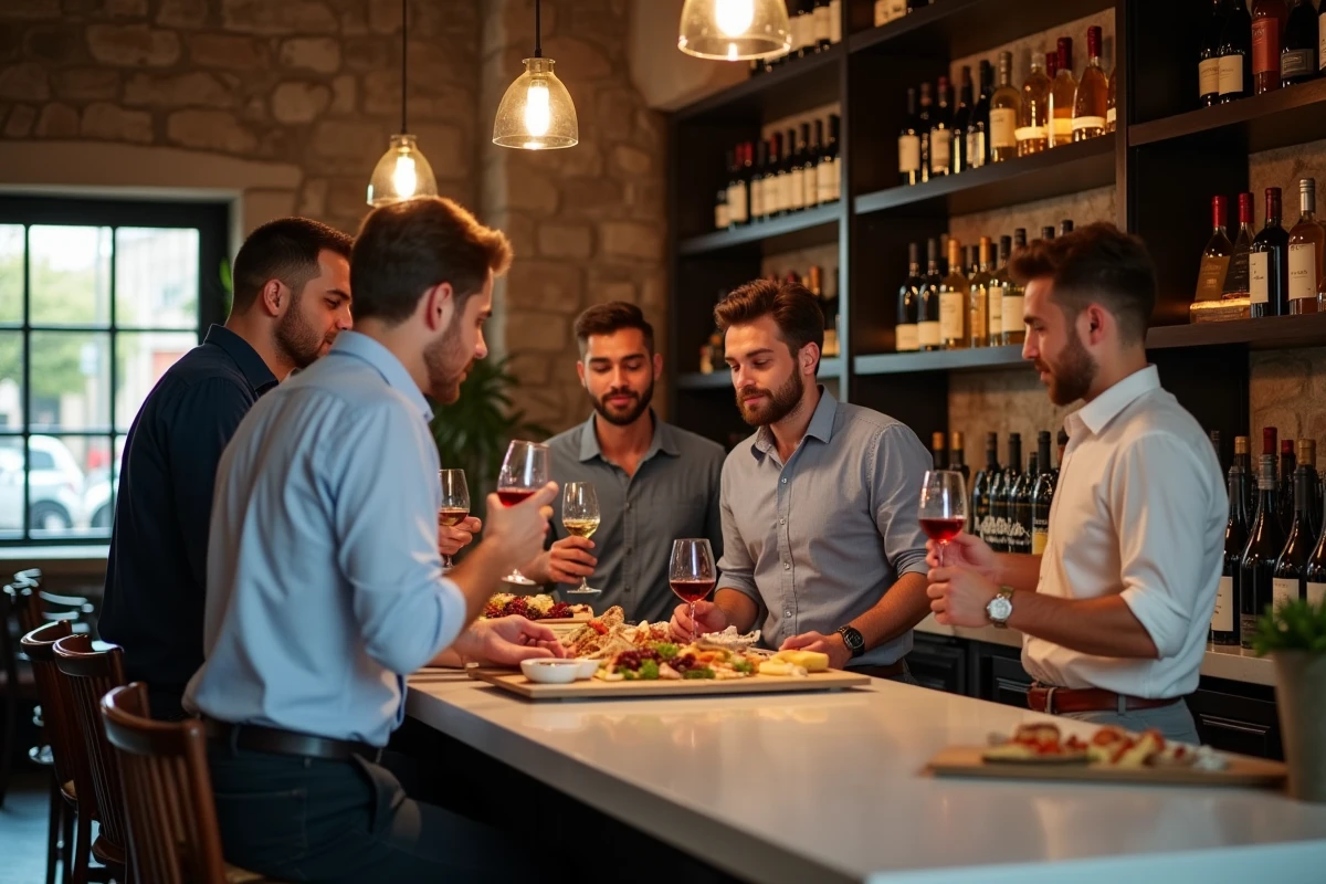 Groupe de jeunes professionnels en afterwork dans un bar à vins convivial du quartier Saint-Cyprien à Toulouse