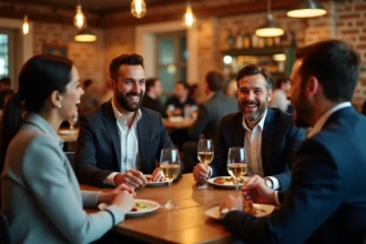 Groupe de collègues en afterwork dans un bistrot chaleureux de Toulouse autour de verres de vin et de tapas