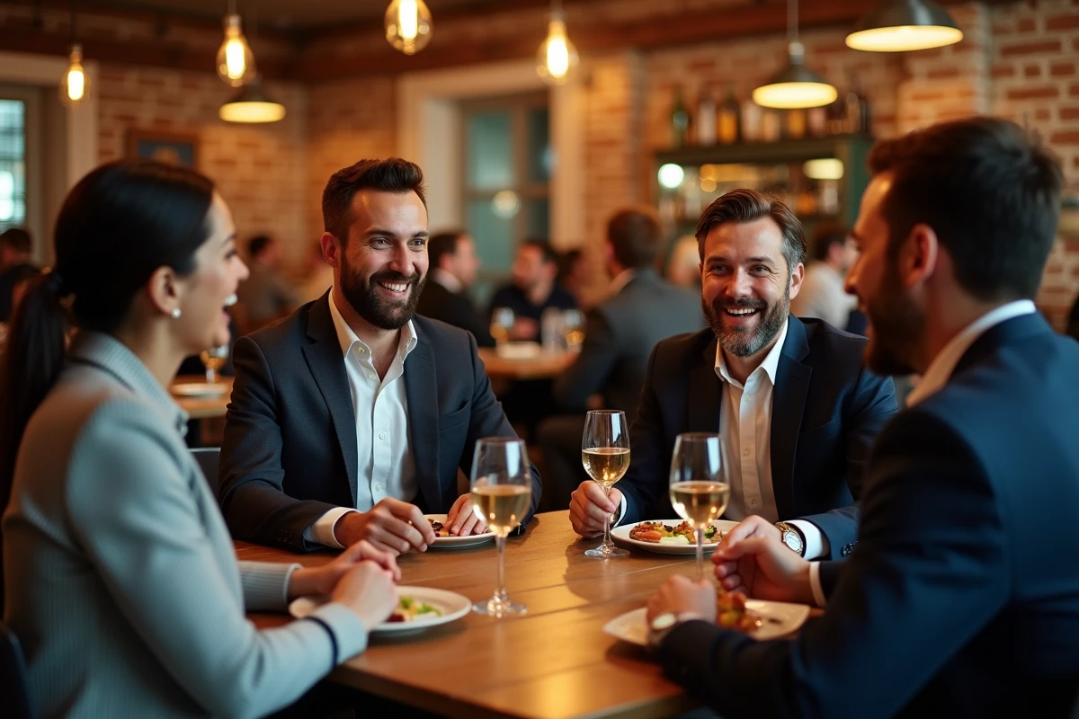 Groupe de collègues en afterwork dans un bistrot chaleureux de Toulouse autour de verres de vin et de tapas