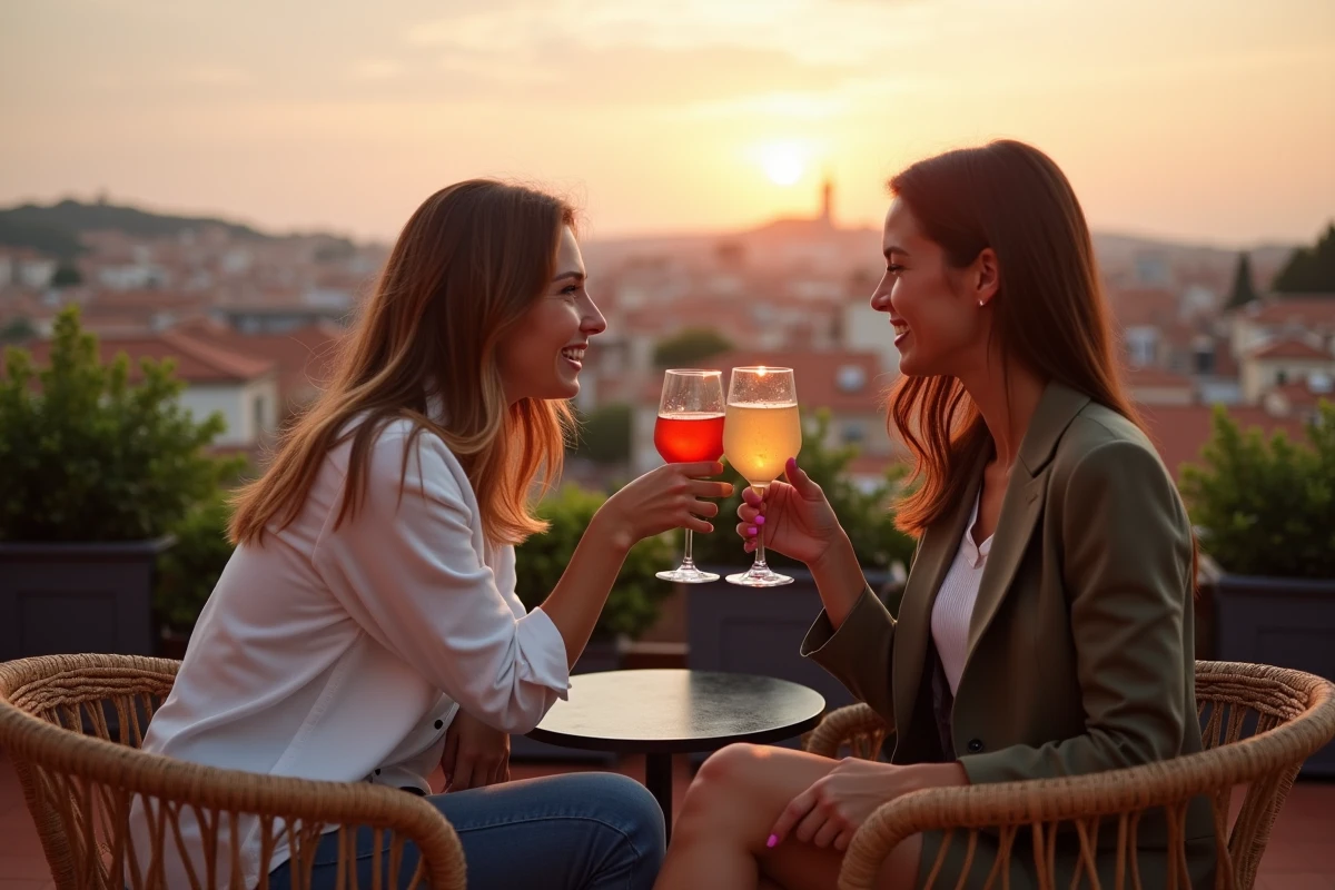 Deux femmes en afterwork sur une terrasse rooftop à Toulouse avec des cocktails et vue sur les toits roses