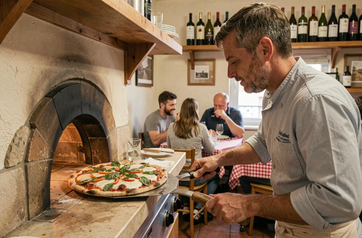 Pizzaiolo enfournant une pizza fine dans le four de la pizzeria Al Fornello à La Madeleine