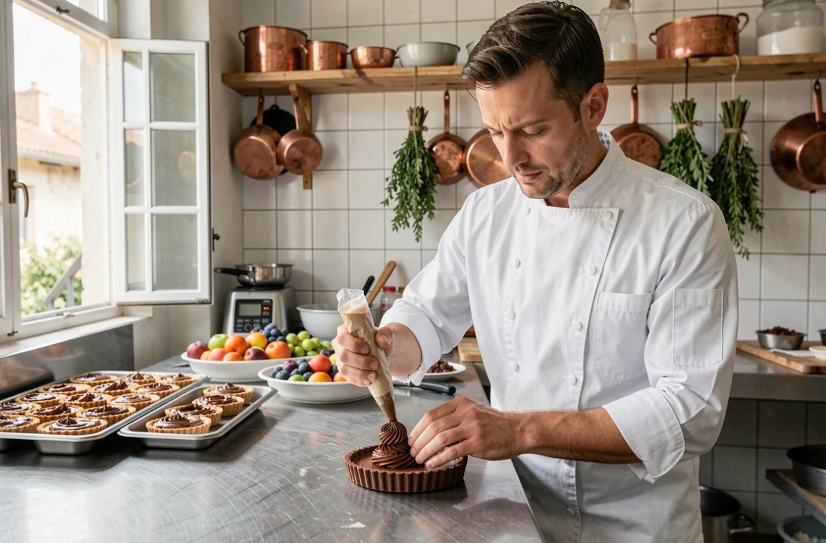 Chef pâtissier Alexis Deschamps pochant une ganache sur une tarte chocolat dans son atelier à Anse