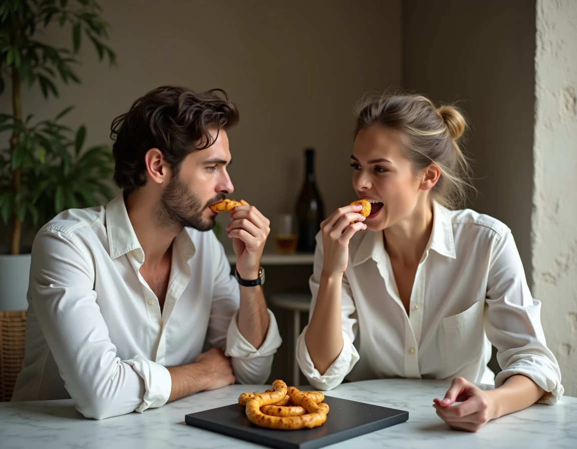 Couple français dégustant des vers de coco grillés en apéritif dans un appartement parisien avec planche ardoise et vin naturel