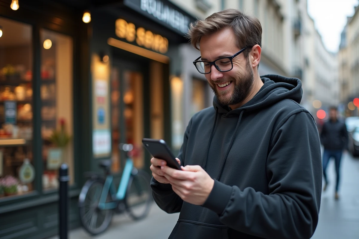Homme utilisant une application anti-gaspi sur son smartphone dans une rue urbaine devant une boulangerie française