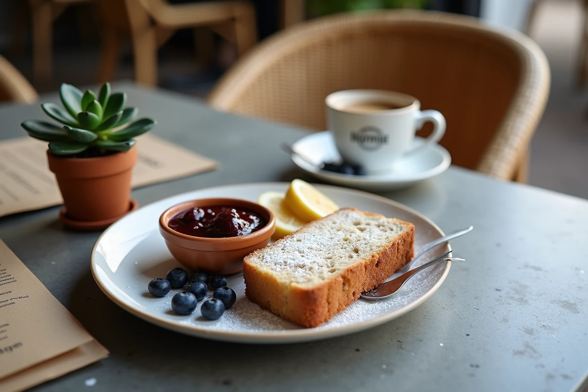 Assiette de brunch tendance avec banana bread et compote de figues sur table en béton brut dans un café d'Hyères