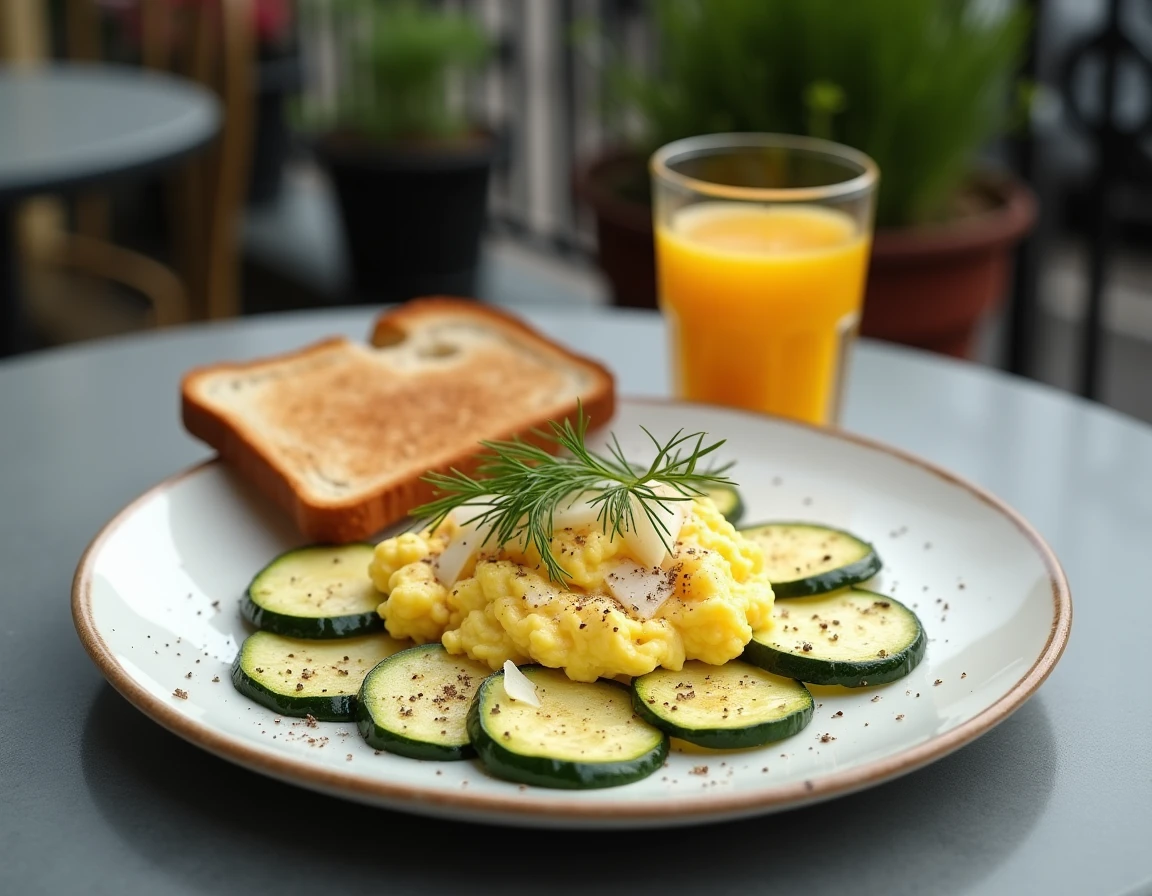 Assiette de brunch avec œufs brouillés aux courgettes dressée sur une terrasse urbaine ensoleillée