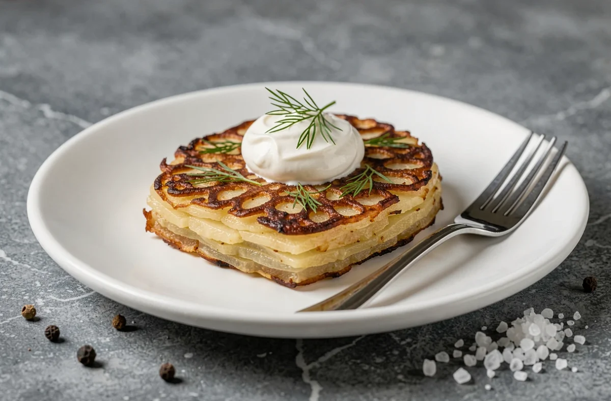 Assiette de râpé de pommes de terre croustillant garni de crème fraîche et d'aneth frais, servi sur une assiette en céramique blanche