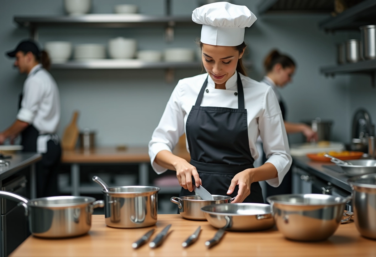 Assistante en cuisine arrangeant des ustensiles et casseroles
