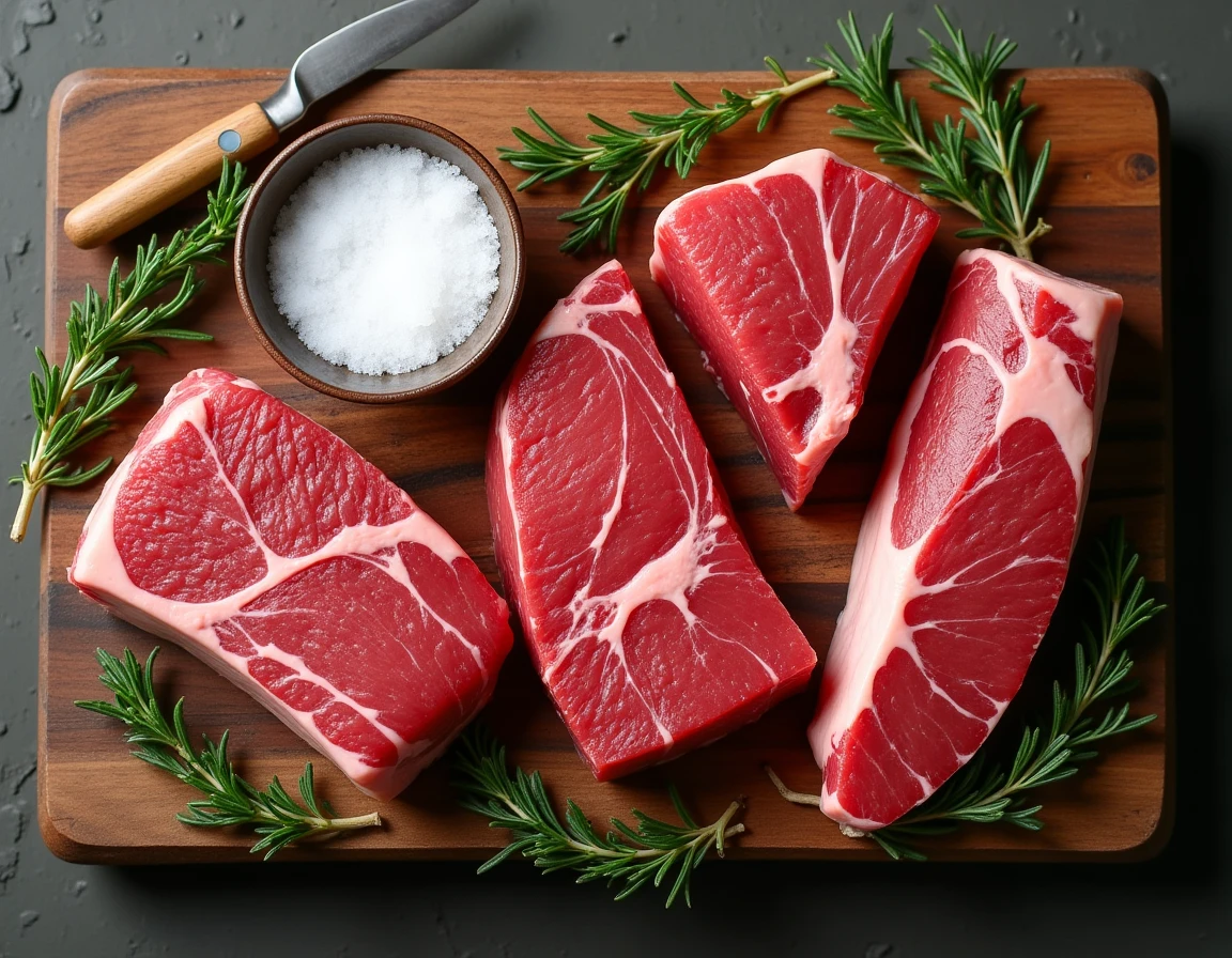 Assortiment de morceaux de viande de boeuf de qualité sur un billot de bois dans une boucherie artisanale