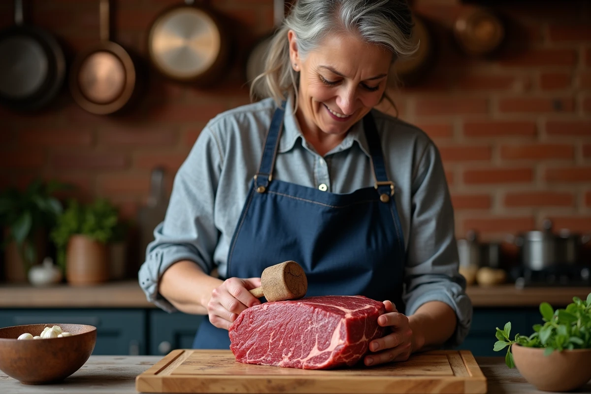 Femme attendrissant un rôti de bœuf avec un maillet dans une cuisine familiale rustique
