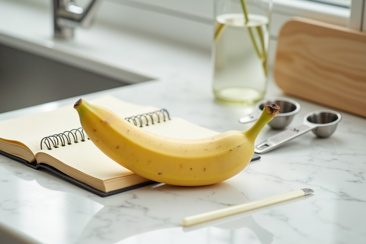 Banane mûre sur plan de travail en marbre blanc avec carnet keto