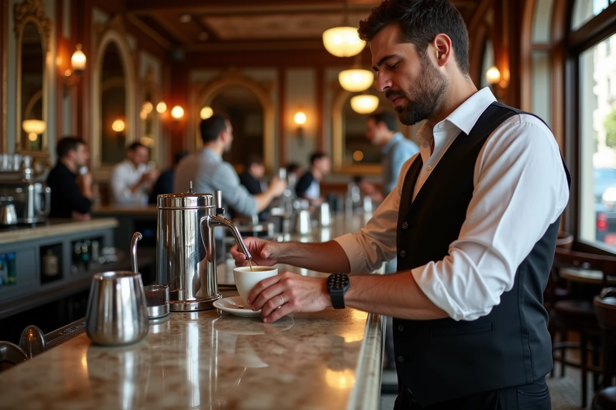 Barman versant un espresso dans un café parisien authentique