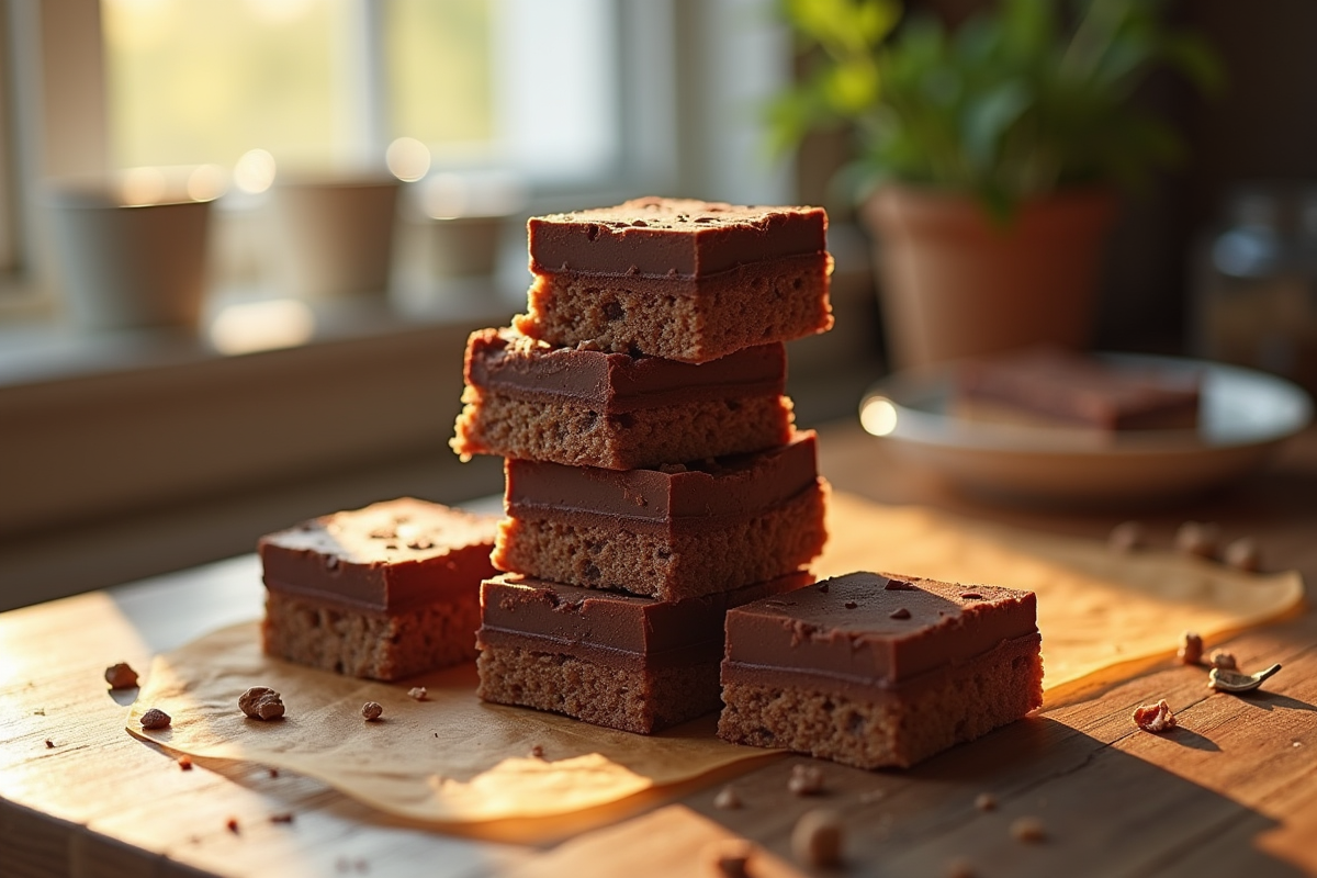 Barres de chocolat croustillant empilees sur une table en bois