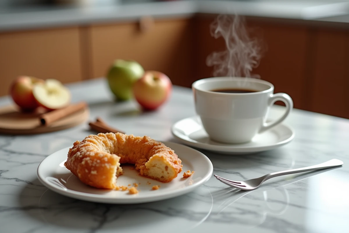 Beignet aux pommes sans friture coupé en deux révélant l'intérieur moelleux, servi avec un café sur comptoir en marbre