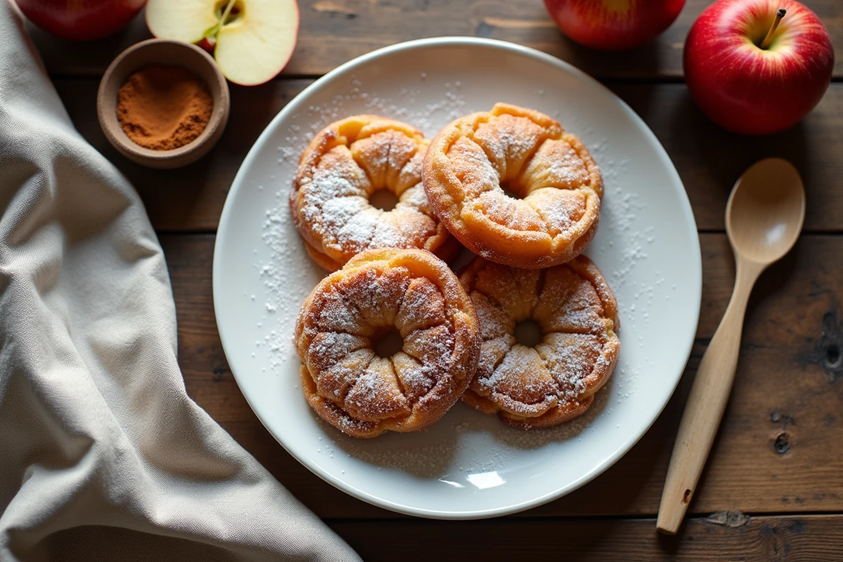 Beignets aux pommes sans friture dorés sur assiette blanche saupoudrés de sucre glace, vue de dessus sur table en bois rustique
