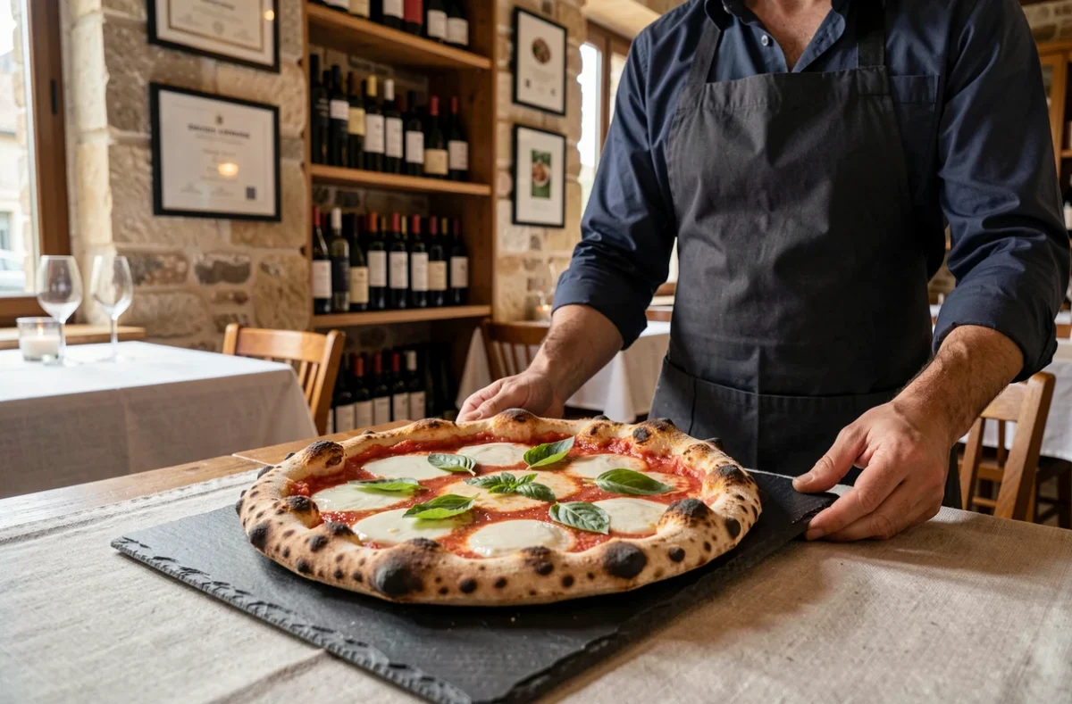 Pizza primée sur ardoise au Bistrot Gourmand à Wattrelos, avec croûte croustillante et garnitures fraîches
