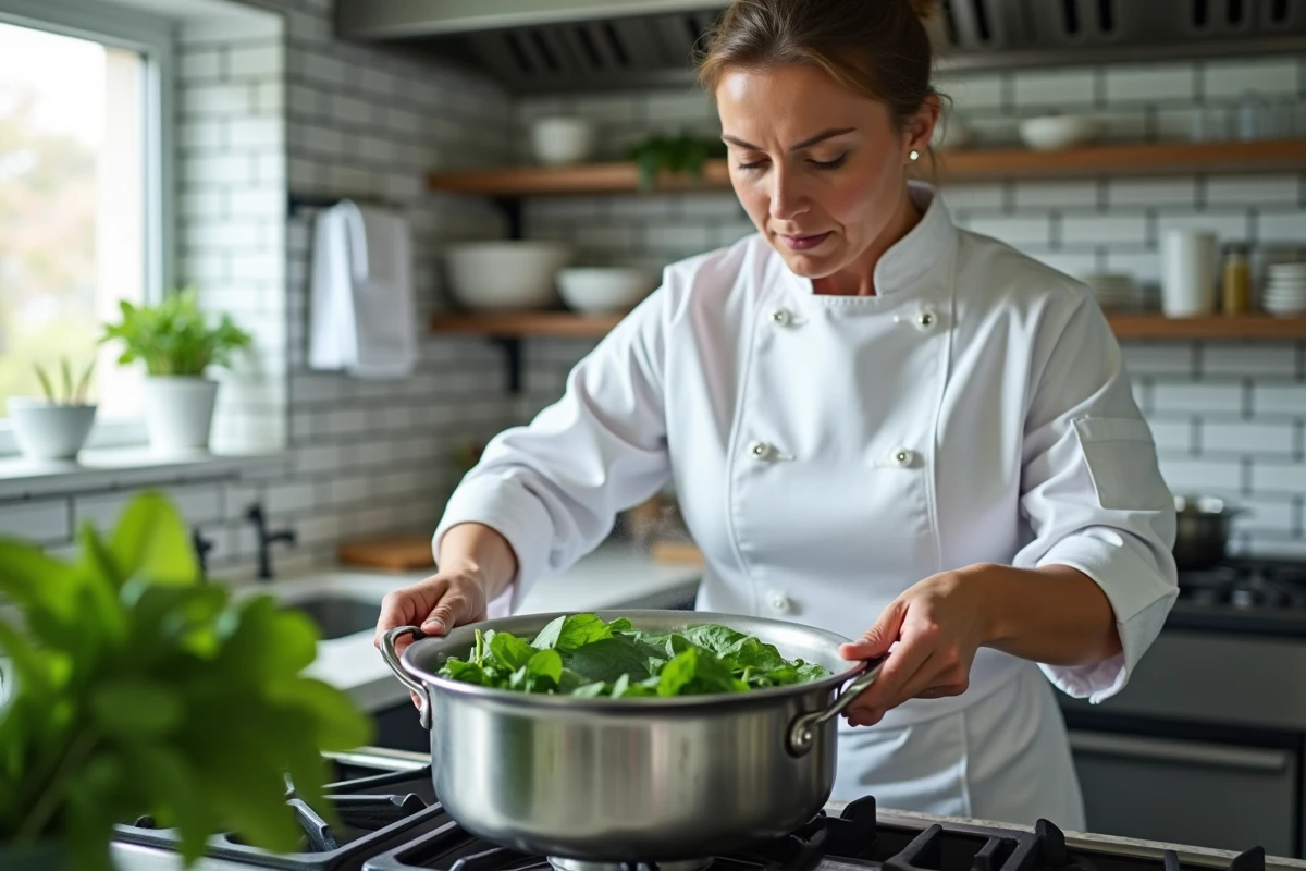 Cheffe cuisinière faisant blanchir des épinards frais dans une casserole en inox pour conserver leur belle couleur verte