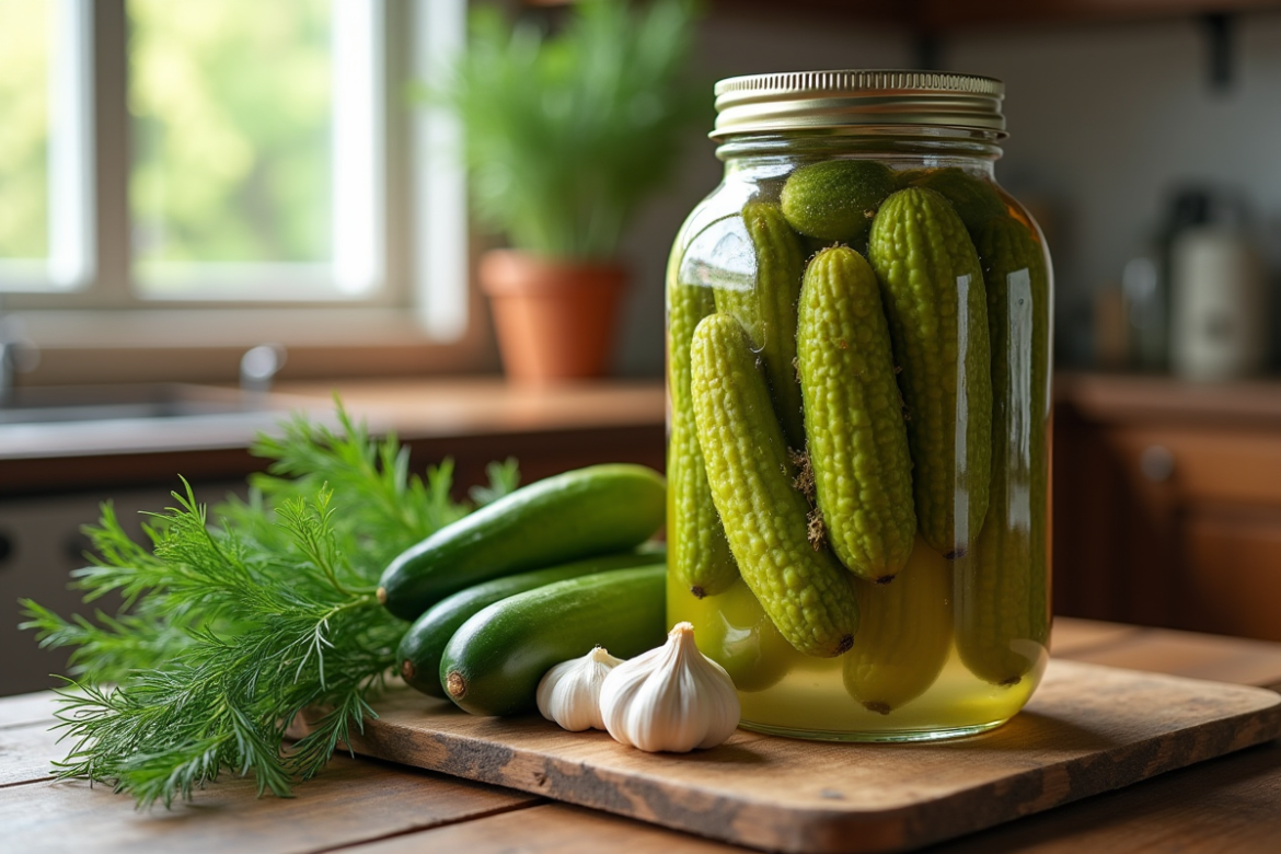 Bocal de légumes fermentés sur une table en bois avec herbes et ail