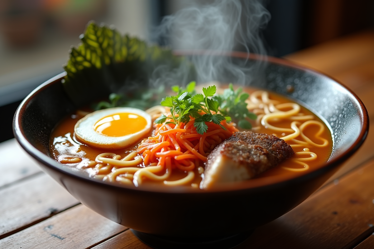 Bol de ramen chaud avec légumes et œuf sur une table en bois