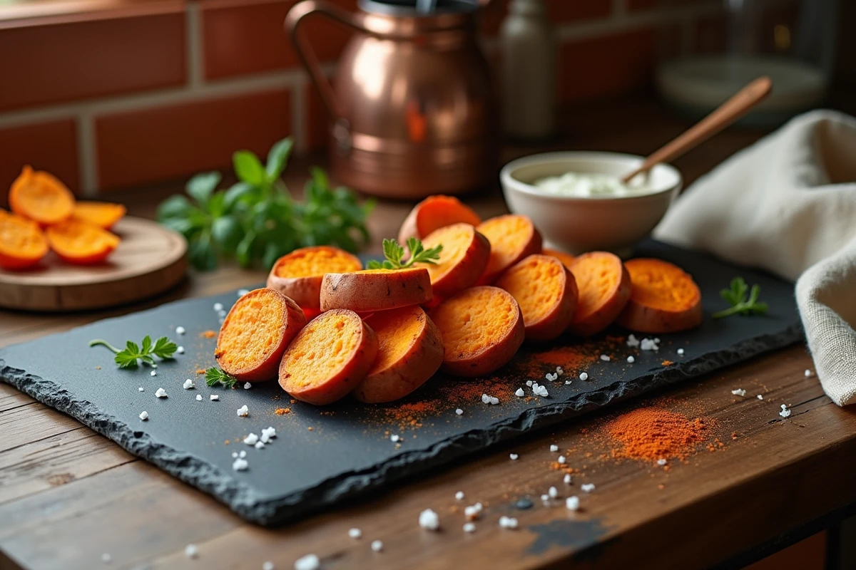 Bouchées de patate douce croustillantes sur une ardoise rustique avec herbes fraîches et sauce pour apéritif maison