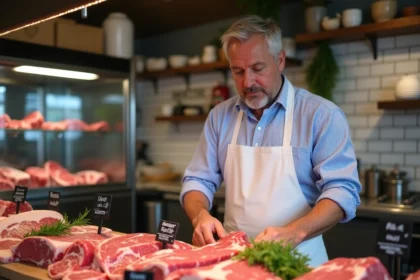Boucher professionnel arrangeant des morceaux de viande fraîche dans une boucherie artisanale française traditionnelle