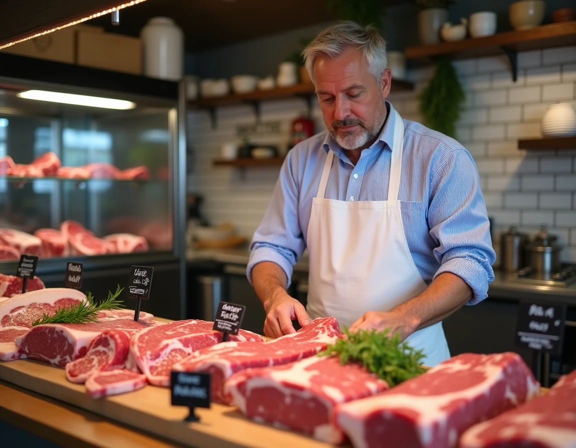 Boucher professionnel arrangeant des morceaux de viande fraîche dans une boucherie artisanale française traditionnelle
