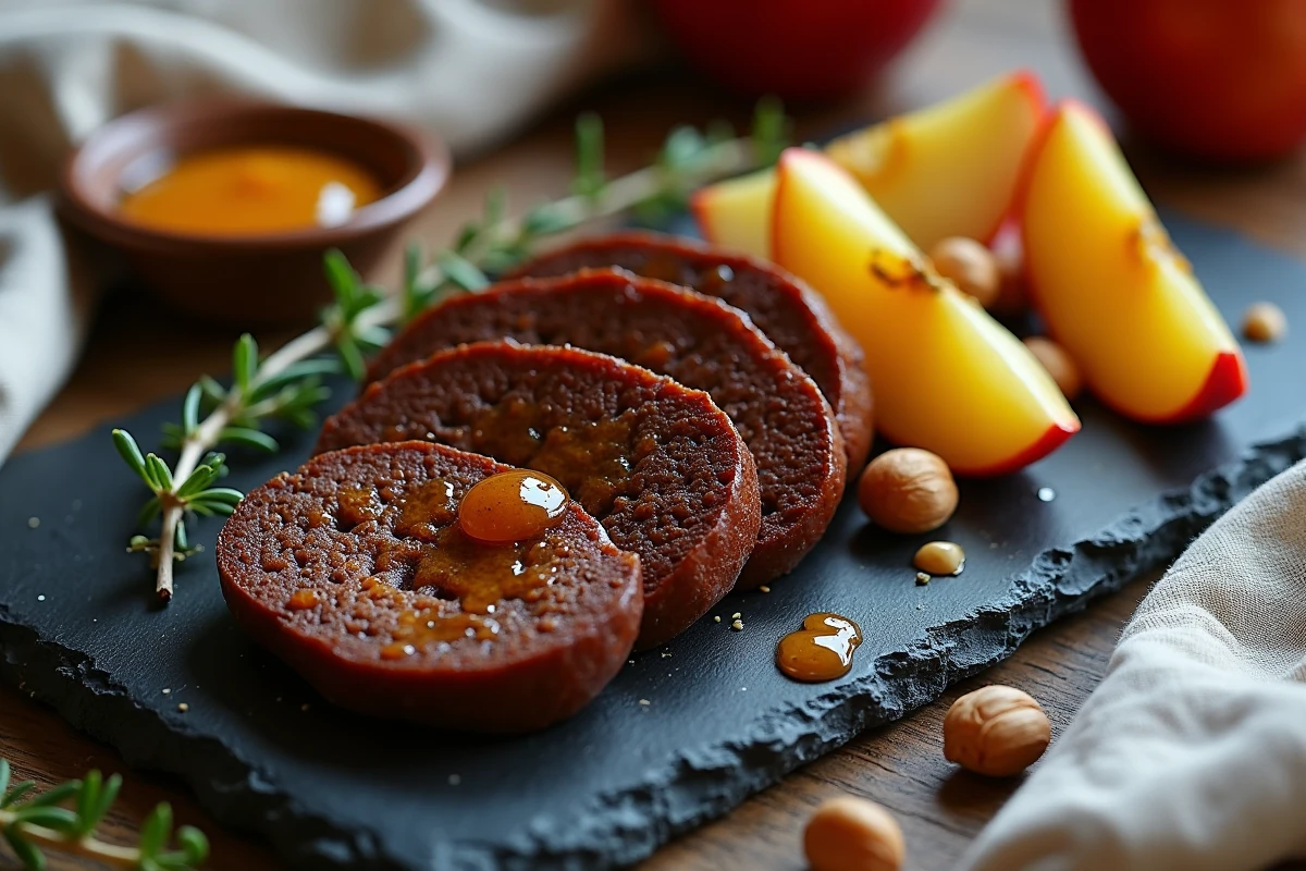 Assiette de boudin noir poêlé avec pommes caramélisées et miel sur ardoise rustique