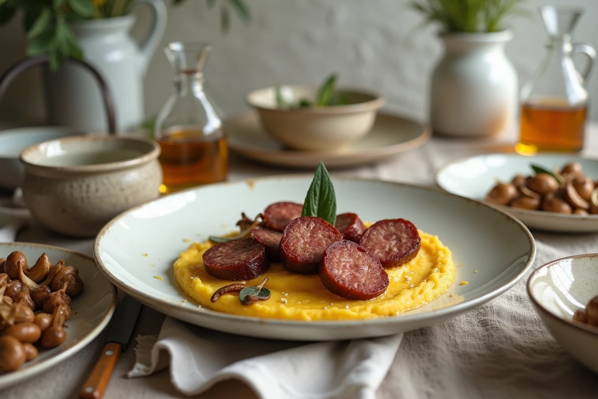 Plat dominical de boudin noir sur purée de patate douce avec champignons et sauge croustillante