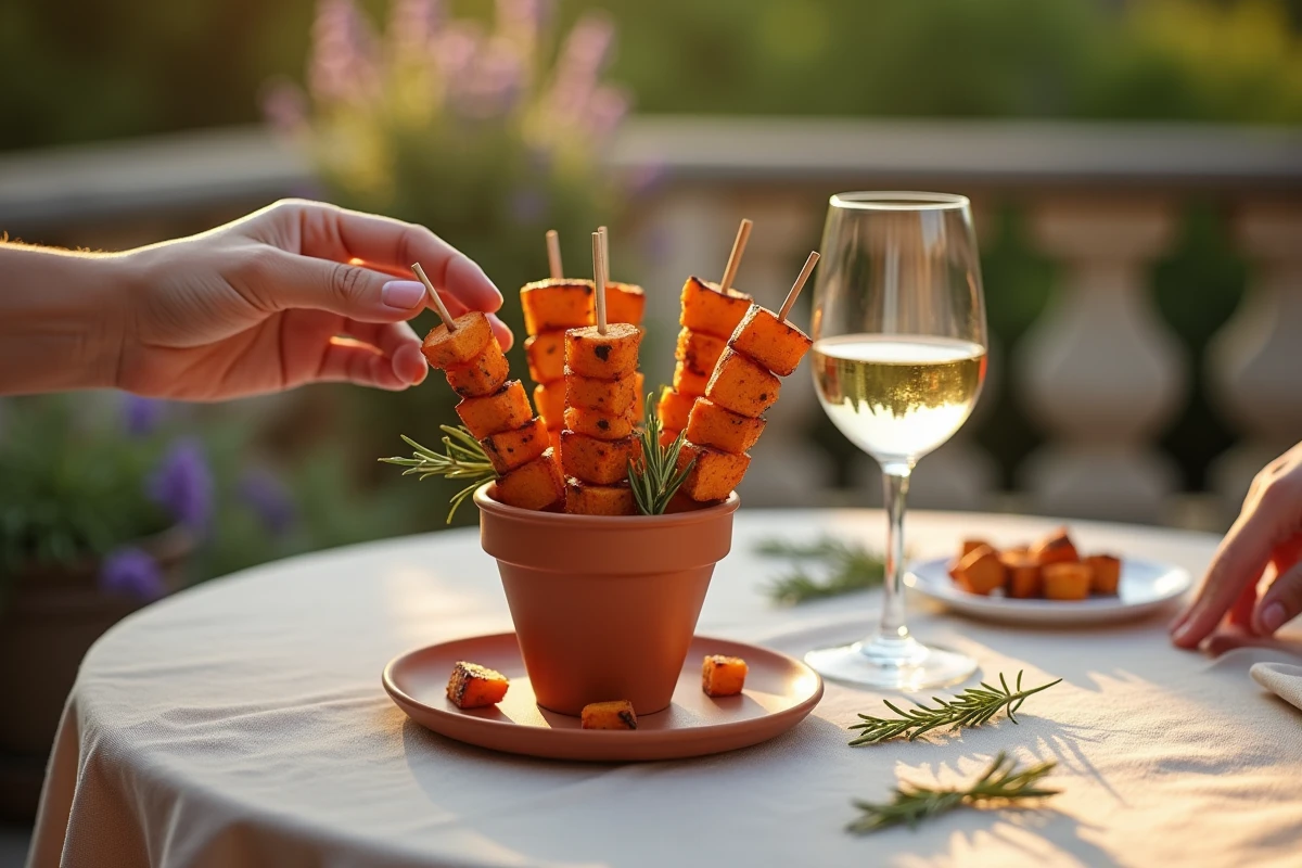 Brochettes de patate douce en pot en terre cuite sur une table d'apéritif en terrasse avec verre de vin blanc