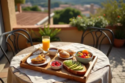 Table de brunch dressée sur une terrasse méditerranéenne à Hyères avec viennoiseries, fruits frais et jus d'orange