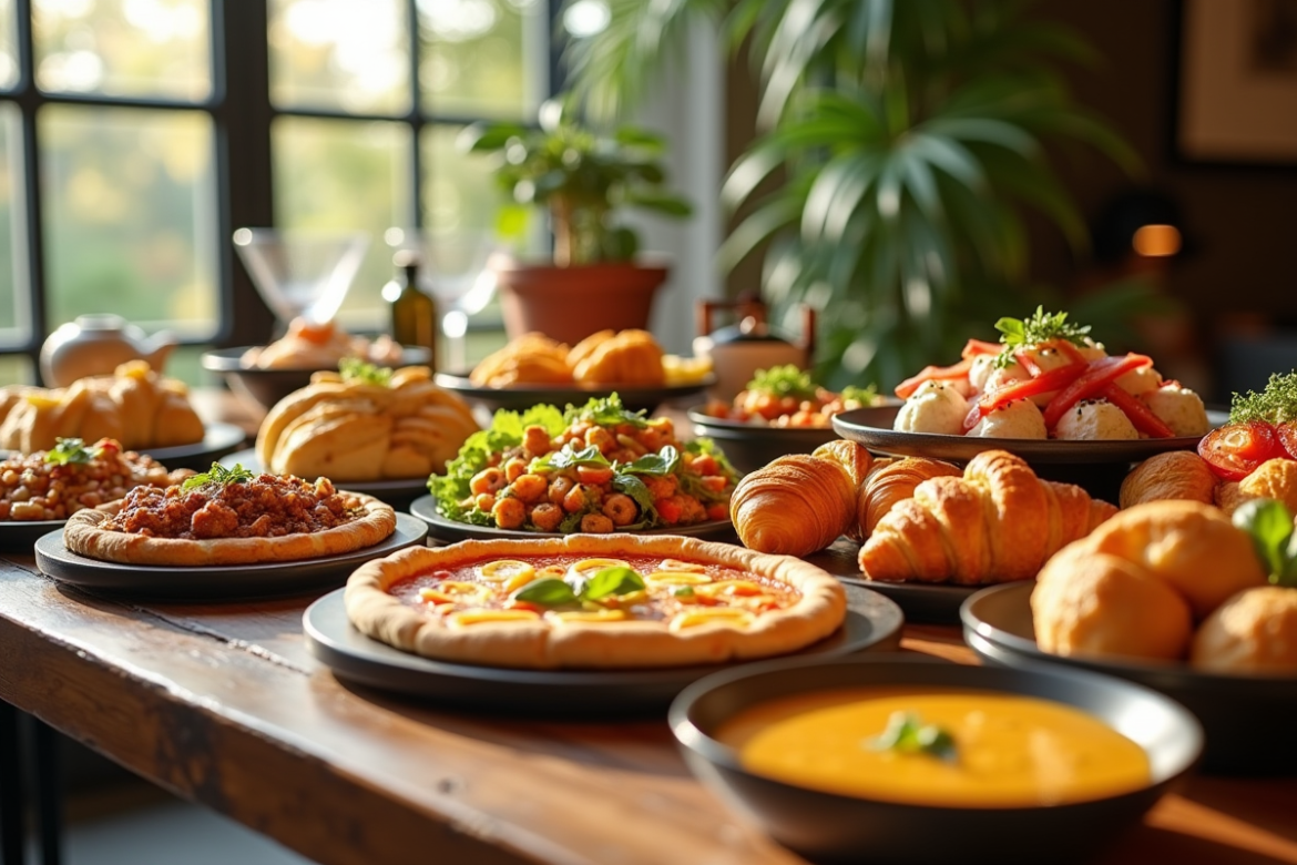 Table de buffet international avec plats iconiques du monde entier