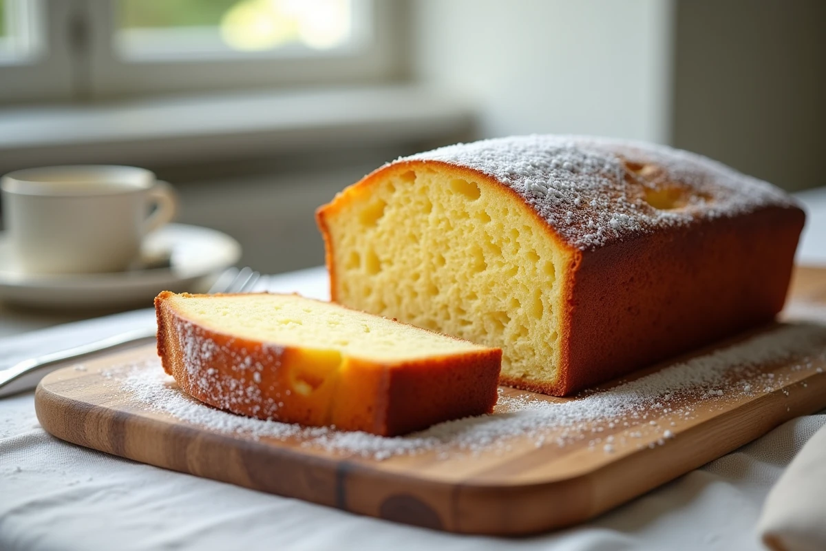 Cake aux jaunes d'œuf fraîchement coupé sur une planche en bois révélant une mie dorée et dense, saupoudré de sucre glace sur une nappe en lin