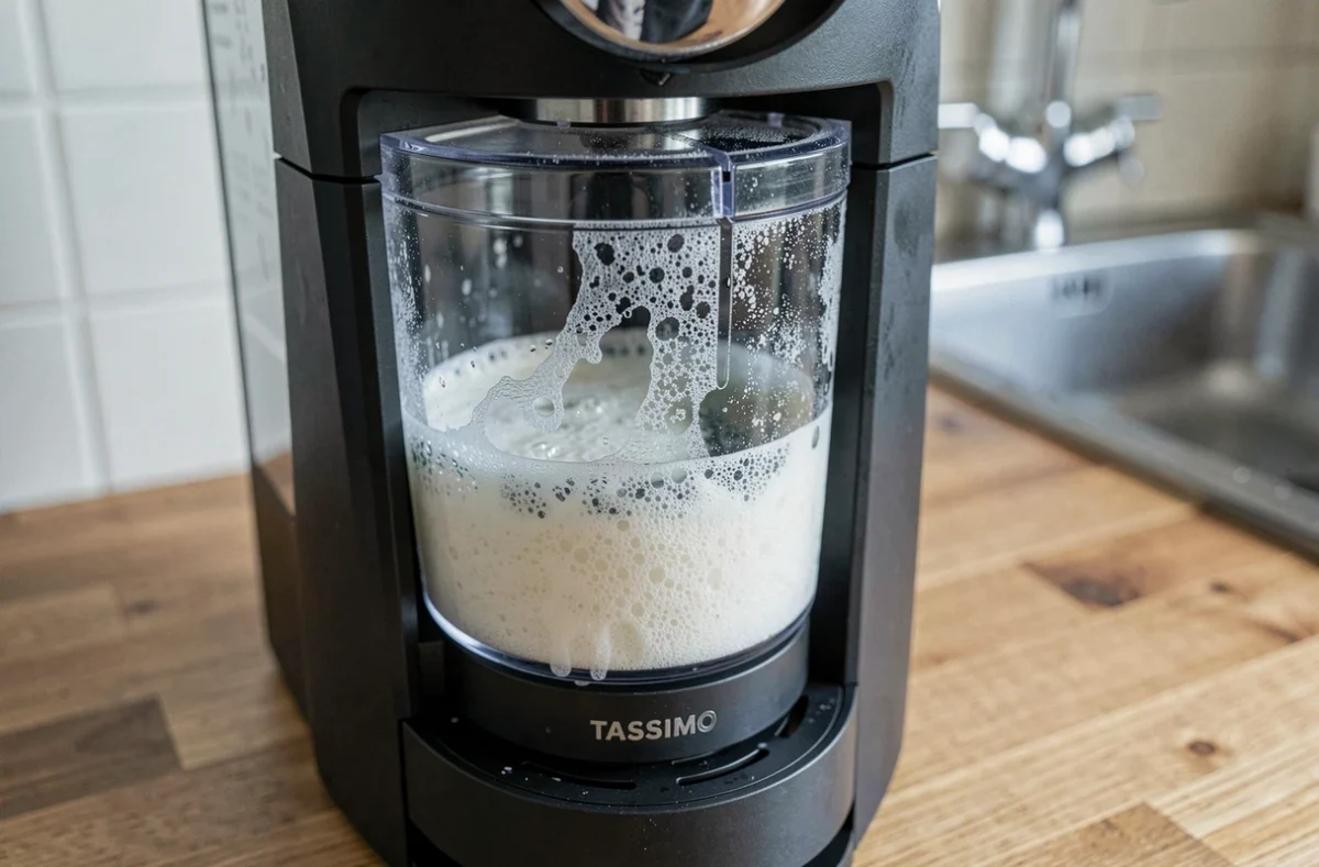 Gros plan sur le dépôt de calcaire visible à l'intérieur du réservoir d'une cafetière Tassimo Bosch nécessitant un détartrage
