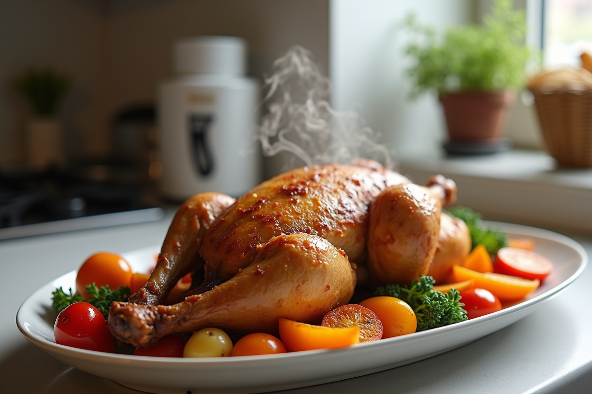 Magret de canard cuit à la friteuse avec légumes colorés