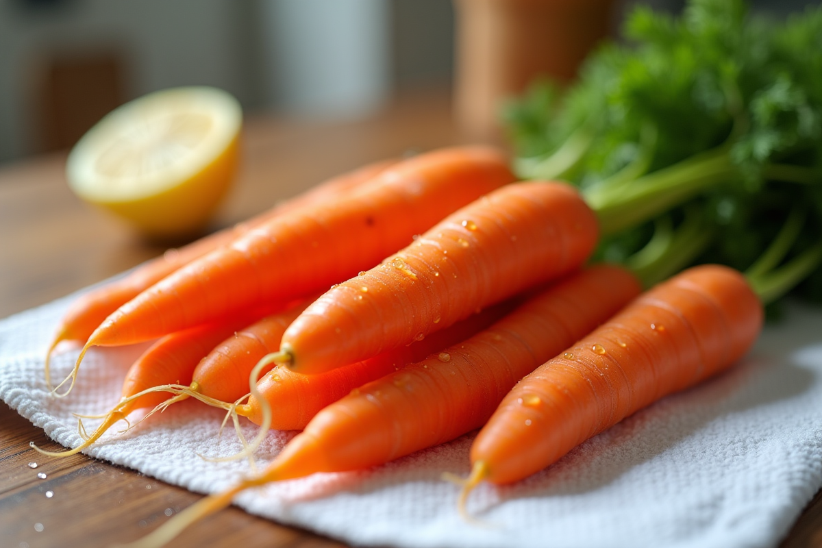 Carottes sur torchon blanc dans la cuisine au matin