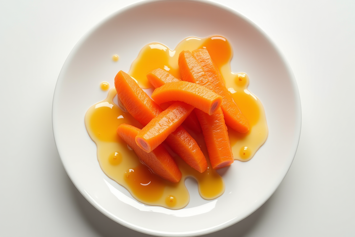 Gros plan sur les carottes vichy en sauce sur une assiette blanche