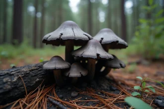 Champignons Charbonnier (Tricholoma carbonarium) poussant au pied d'une souche de pin brûlée en forêt de conifères