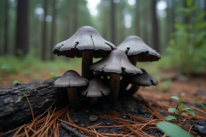 Champignons Charbonnier (Tricholoma carbonarium) poussant au pied d'une souche de pin brûlée en forêt de conifères