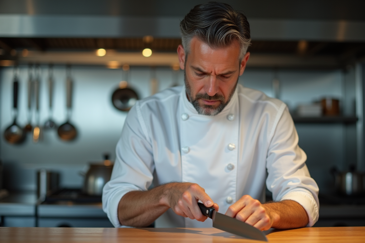 Chef homme inspectant un couteau en cuisine professionnelle