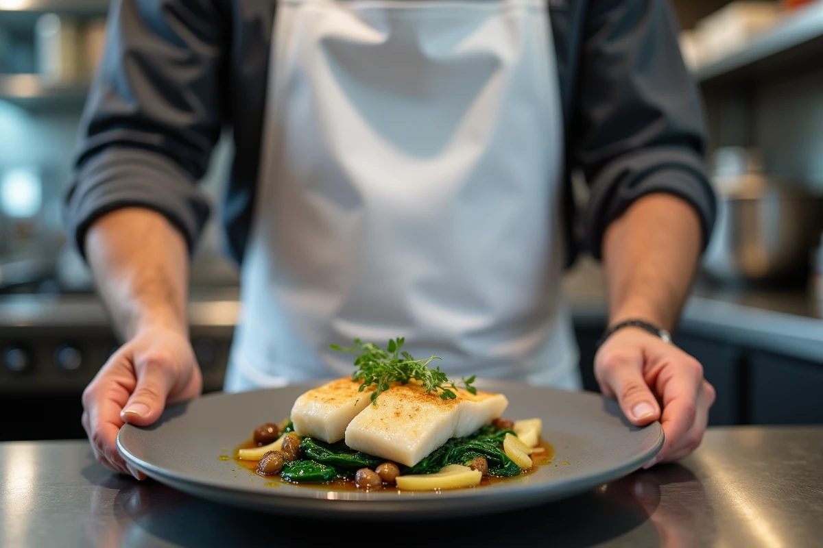 Chef cuisinant du poisson blanc avec épinards sautés, fenouil rôti et échalotes caramélisées en cuisine professionnelle