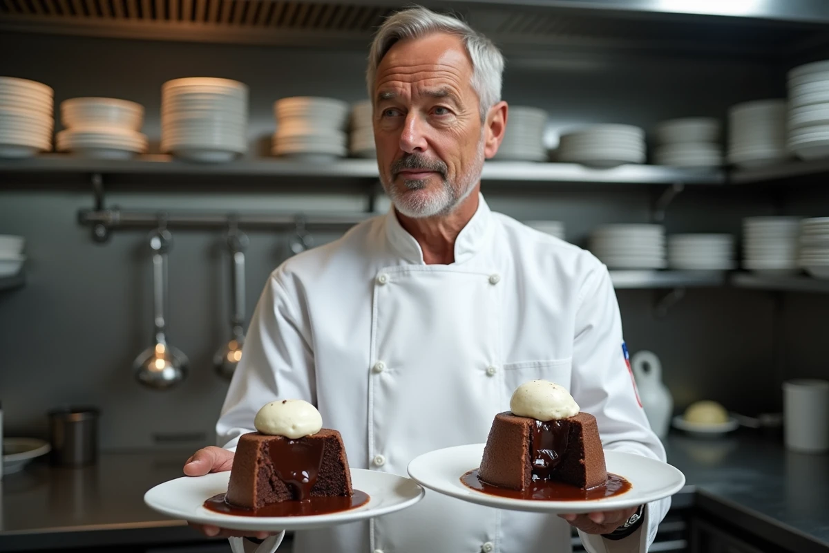 Chef présentant deux fondants au chocolat avec textures contrastées