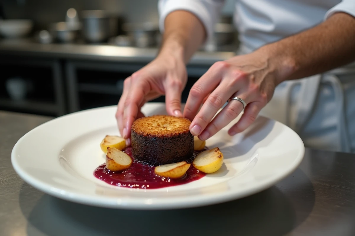 Chef dressant une assiette gastronomique de boudin noir avec compote d'oignons rouges et poires rôties