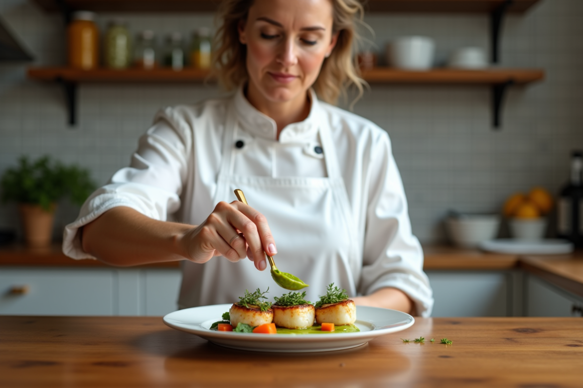 Chef femme en cuisine avec sauce aux pois sur coquilles Saint-Jacques
