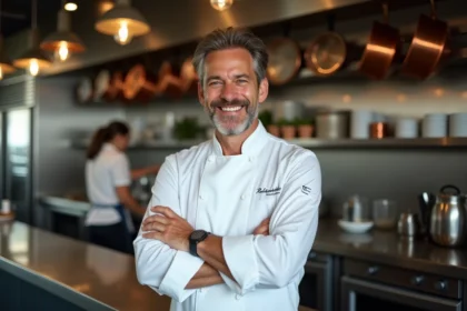 Chef français souriant dans sa cuisine professionnelle