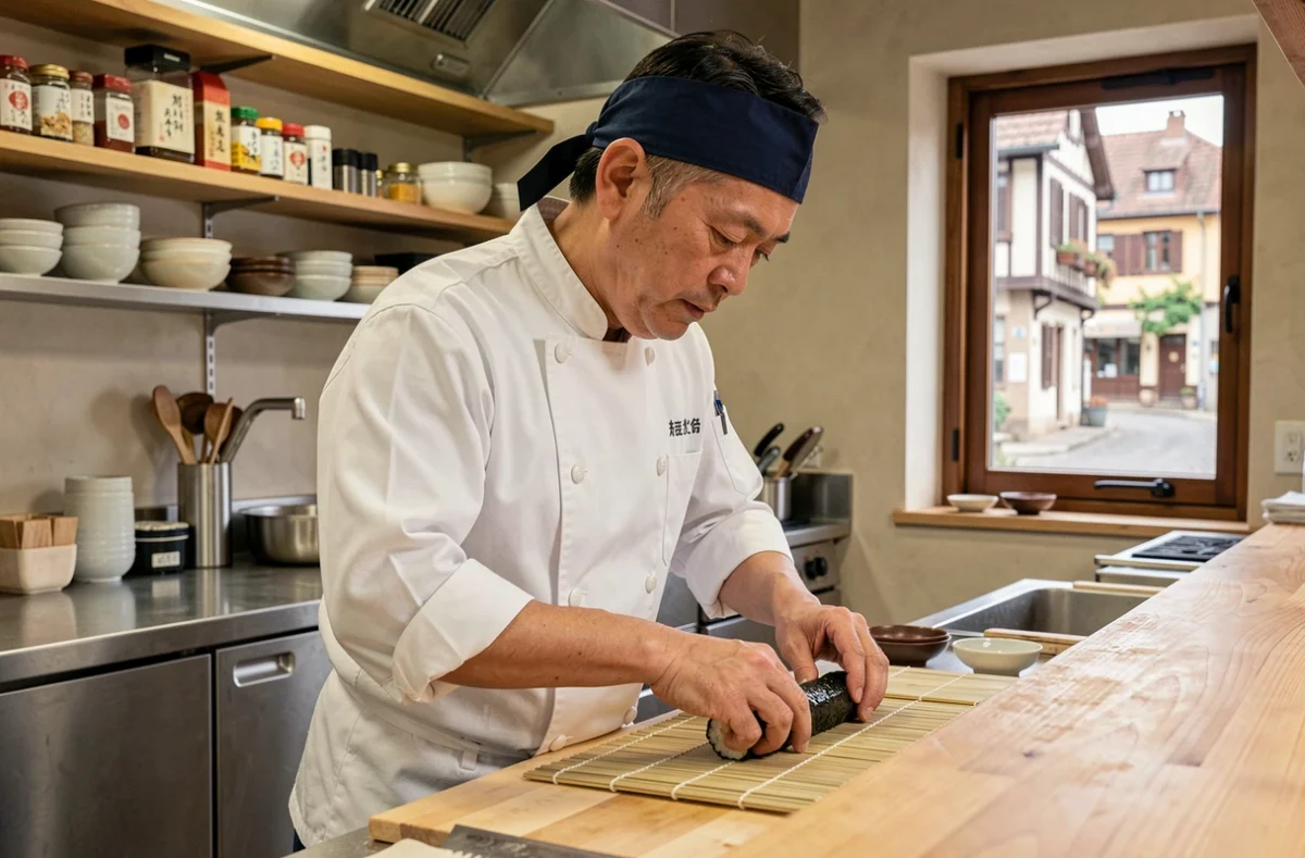 Chef japonais préparant des makis dans la cuisine ouverte d'un restaurant japonais en Bourgogne-Franche-Comté